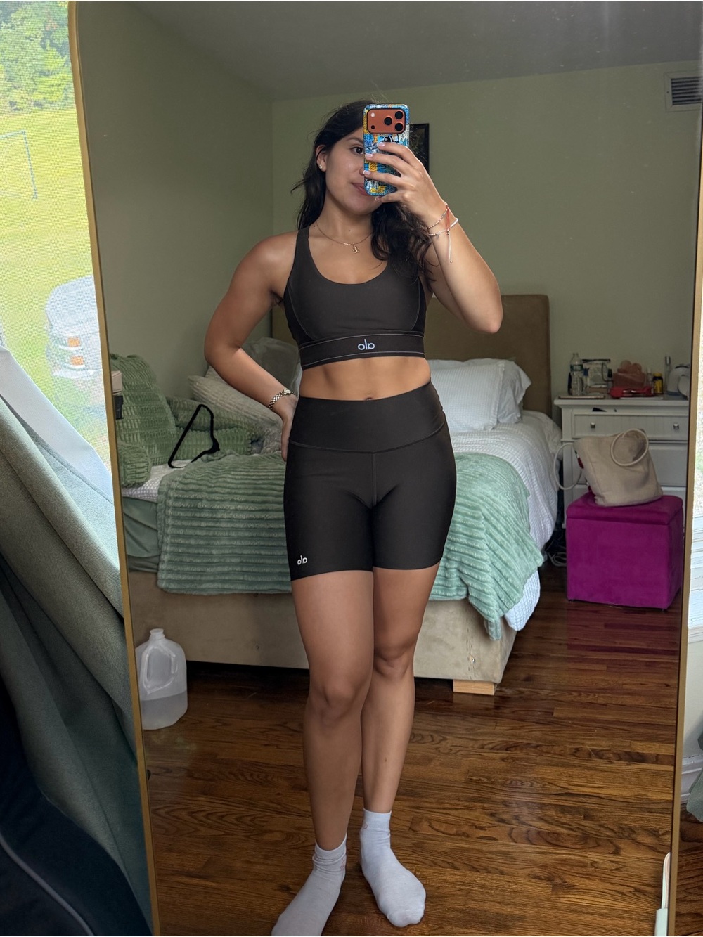 ALO Yoga Dark Brown High-Rise Bike Shorts and Sports Bra Set